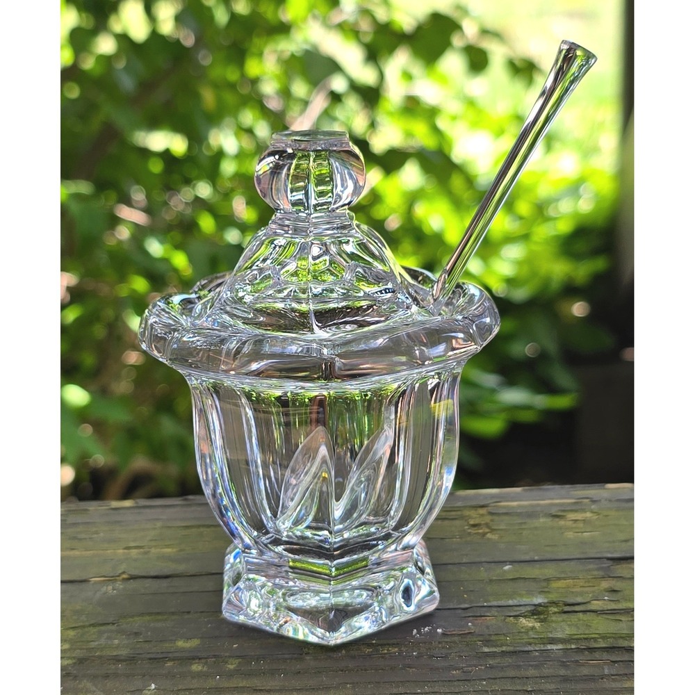 Vintage Baccarat Crystal Missouri Mustard Condiment‎ Jar with Lid & Spoon